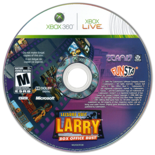 Leisure Suit Larry Box Office Bust game for the Xbox 360 featuring comedic action adventure gameplay with open environments mini games character interactions and humor driven missions following Larry Lovage in a modern parody setting disc  