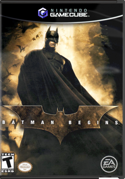 Batman Begins GameCube GC video game, action stealth adventure, superhero gameplay, movie tie-in, combat and stealth mechanics, Nintendo GameCube title front cover