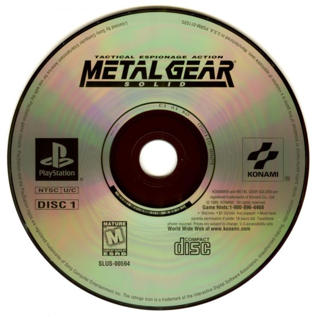 Metal Gear Solid disc from the Greatest Hits collection featuring stealth action gameplay as Solid Snake infiltrates enemy bases with tactical espionage, cinematic storytelling, and puzzle solving on the original PlayStation gameplay disc