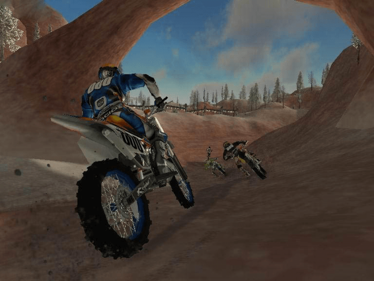 MX Unleashed Xbox off-road motocross racing video game Rainbow Studios THQ massive open environments freestyle tricks career mode nationals supercross events vehicle roster includes bikes ATVs monster trucks buggies golf carts stunt challenges track editor progressive difficulty realistic terrain physics dirt bike customization competitive AI multiple racing disciplines gameplay screenshot