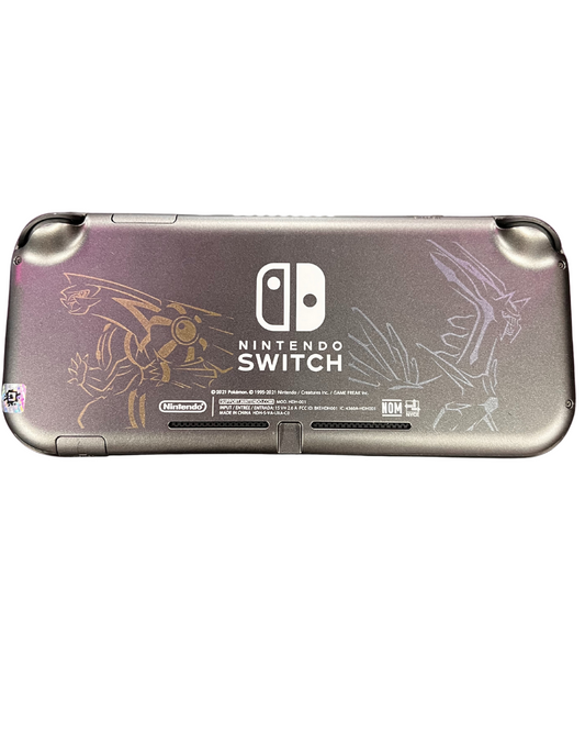 Back view of the Nintendo Switch Lite Palkia and Dialga Edition console with dark gray casing and silver line art of Dialga and Palkia.