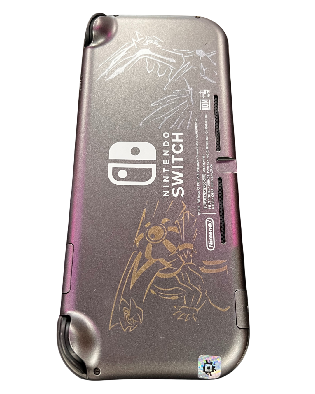 Vertical back view of the Nintendo Switch Lite Palkia and Dialga Edition console showing the dark gray casing with silver line art of Dialga and Palkia.