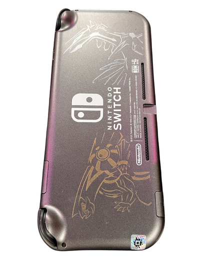 Vertical back view of the Nintendo Switch Lite Palkia and Dialga Edition console showing the dark gray casing with silver line art of Dialga and Palkia.