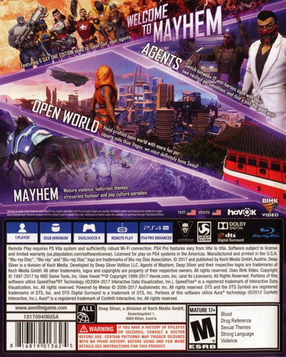Agents of Mayhem PlayStation 4 PS4 video game featuring open world action gameplay elite agents combat missions weapon abilities explosive battles character switching enemy encounters futuristic city environments and classic PlayStation 4 gameplay retro video game collection collectible gaming appeal back cover art
