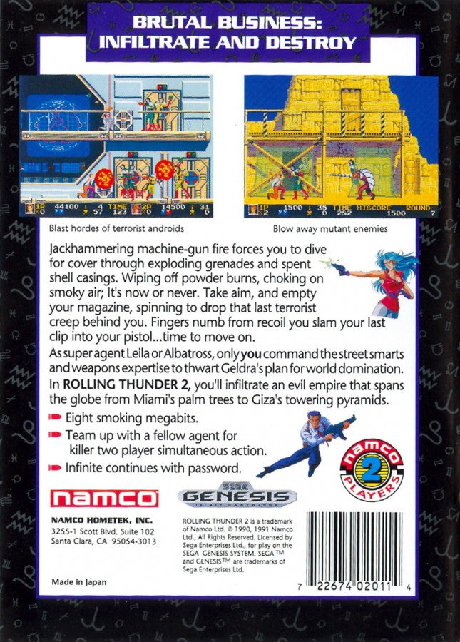 Rolling Thunder 2 Sega Genesis GEN for retro video game enthusiasts featuring side scrolling action shooter gameplay secret agent missions fast paced gun combat cooperative multiplayer challenging enemy encounters classic arcade action and collectible gaming appeal back cover