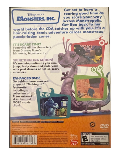 Monsters, Inc. disc for the PlayStation 2 featuring platforming and mini game style gameplay based on the Pixar film with story driven levels as Mike and Sulley navigate Monstropolis and collect energy through humorous monster themed challenges back cover 