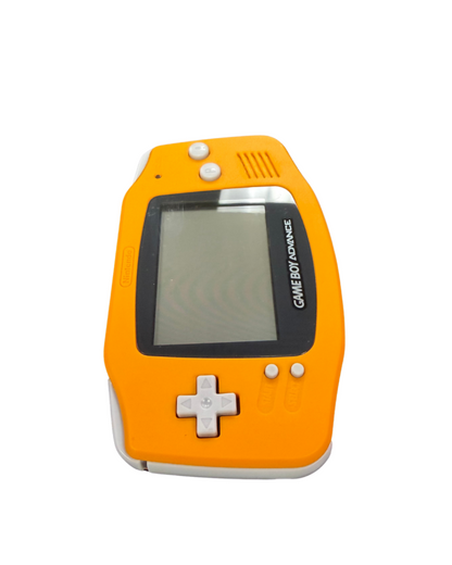 Game Boy Advance handheld system in orange featuring horizontal design, color screen, rechargeable battery, and compatibility with Game Boy Advance cartridges for portable gaming 