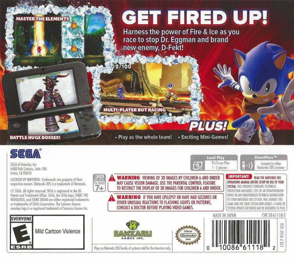 Sonic Boom Fire and Ice Nintendo 3DS for retro video game enthusiasts featuring action platforming gameplay fast paced Sonic adventures elemental powers character switching mechanics colorful world exploration puzzle solving challenges and collectible gaming appeal back cover