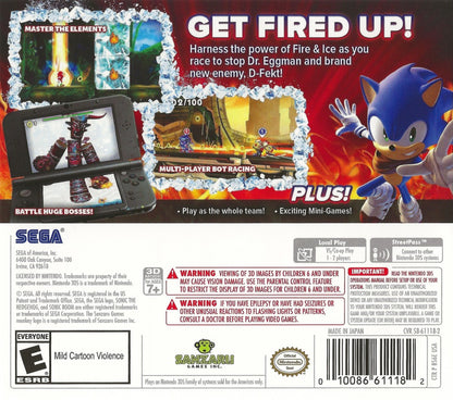 Sonic Boom Fire and Ice Nintendo 3DS for retro video game enthusiasts featuring action platforming gameplay fast paced Sonic adventures elemental powers character switching mechanics colorful world exploration puzzle solving challenges and collectible gaming appeal back cover