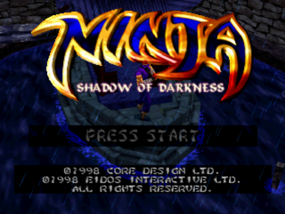 Ninja Shadow of Darkness game for the PlayStation featuring action hack and slash gameplay with platforming elements as a ninja warrior battles enemies using swords shuriken and special abilities across dark themed levels gameplay 