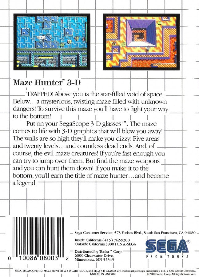 Maze Hunter 3D Sega Master System SMS for arcade action adventure video game fans featuring three dimensional maze exploration enemy battles weapon upgrades power ups challenging labyrinths futuristic environments and classic Sega Master System gameplay collectible retro gaming appeal back cover art