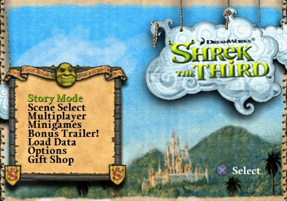 Shrek the Third – PlayStation 2 (PS2) video game title screen, action-adventure game.