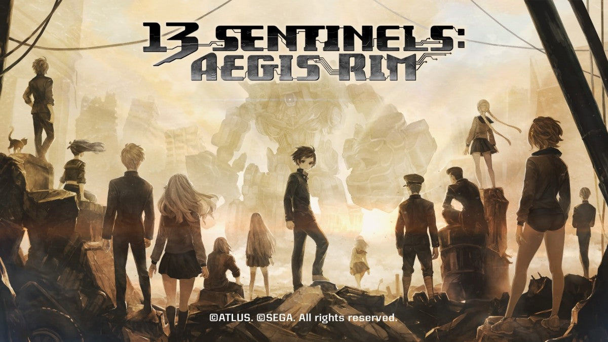 13 Sentinels Aegis Rim Nintendo Switch inspired design featuring sci fi narrative adventure aesthetic interwoven character stories giant mecha battles strategic combat visual novel storytelling time spanning mystery alien invasion themes and cinematic presentation title screen