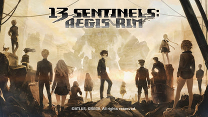 13 Sentinels Aegis Rim Nintendo Switch inspired design featuring sci fi narrative adventure aesthetic interwoven character stories giant mecha battles strategic combat visual novel storytelling time spanning mystery alien invasion themes and cinematic presentation title screen