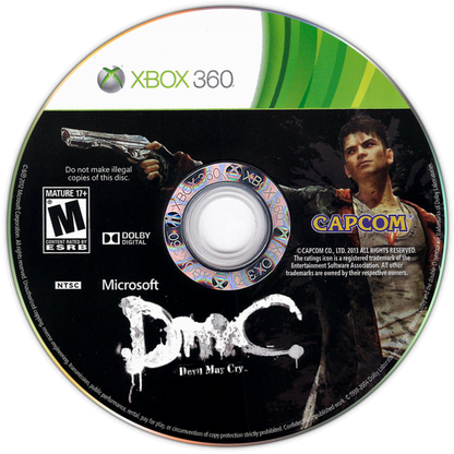 Retro DmC Devil May Cry Xbox 360 inspired design featuring stylized hack and slash action aesthetic vintage HD era demon hunting combat urban limbo world neon surreal environments fast paced aerial combos Dante reboot storyline nostalgic Capcom action presentation disc