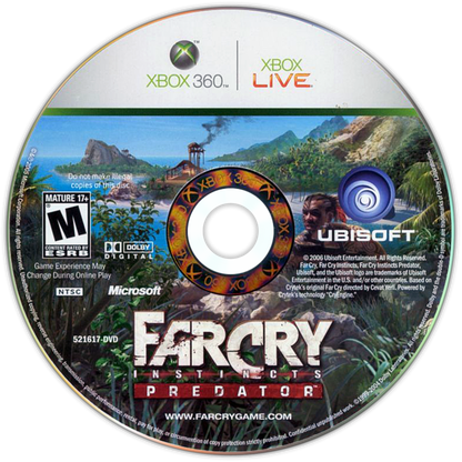 Far Cry Instincts Predator Xbox 360 first person shooter featuring open ended tropical island environments enhanced predator abilities stealth and action gameplay vehicle combat multiplayer modes and intense survival combat by Ubisoft disc