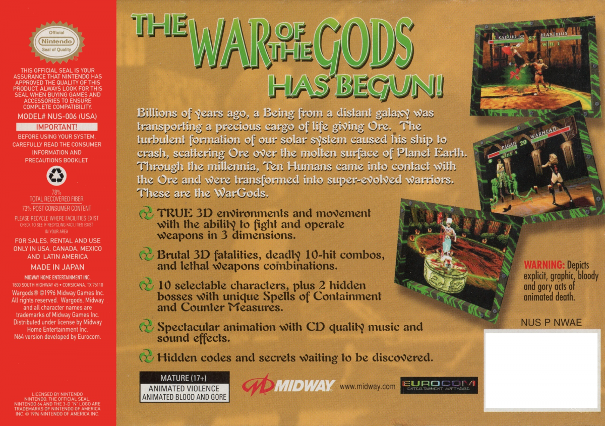 War Gods back cover art for Nintendo 64 N64 video game