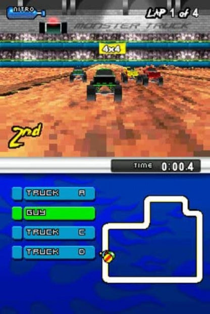 ATV Thunder Ridge Riders and Monster Truck Mayhem for Nintendo DS (DS), gameplay for a retro video game featuring off-road racing gameplay, ATV and monster truck challenges, stunt-based competitions, and arcade-style vehicular action