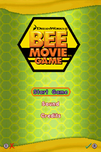 Bee Movie: The Game start screen for Nintendo DS (DS) animated movie-based adventure video game