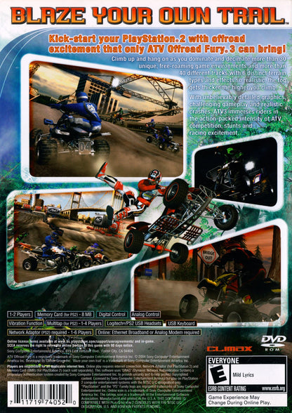 ATV Offroad Fury 3 PlayStation 2 PS2 video game, off-road racing action, ATV stunt and freestyle gameplay, multiplayer modes, console racing title back cover