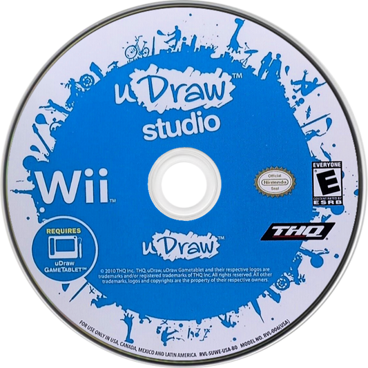 uDraw Studio disc art for Nintendo Wii (Wii) featuring creative drawing and painting with the uDraw GameTablet, offering tools and artistic effects