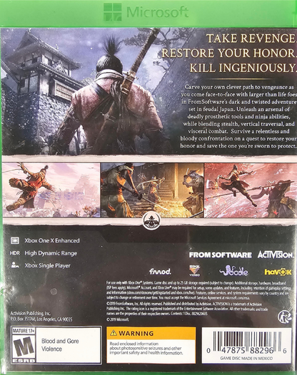 Sekiro Shadows Die Twice Xbox One XONE for action adventure video game fans featuring shinobi combat samurai warriors sword fighting stealth gameplay parrying prosthetic arm abilities challenging enemies intense boss battles Japanese environments and difficult skill based gameplay collectible gaming appeal back cover art