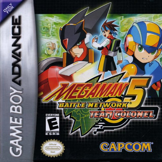 Mega Man Battle Network 5: Team Colonel cover art for Nintendo Game Boy Advance (GBA) adventure-strategy video game. 