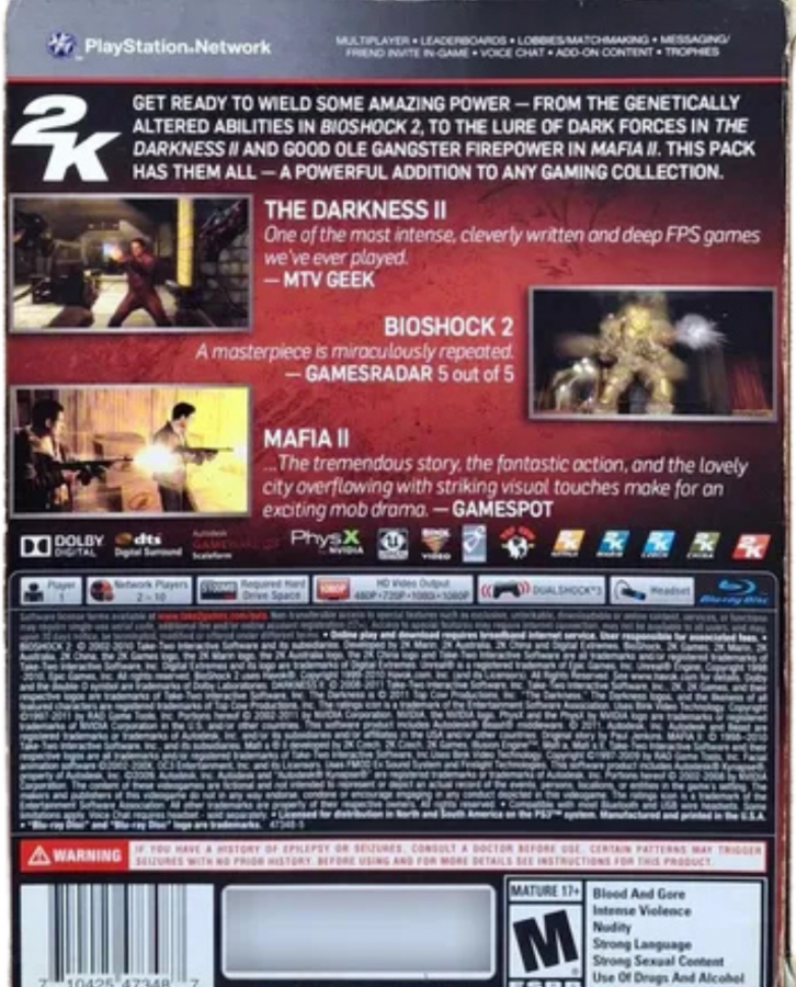 2K Power Pack Collection PlayStation 3 PS3 for retro video game enthusiasts featuring The Darkness II BioShock 2 and Mafia II with action shooter gameplay immersive storytelling first person and third person combat atmospheric worlds cinematic adventures and collectible gaming appeal back cover 