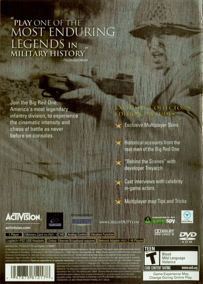 Call of Duty 2: Big Red One Collector’s Edition for PlayStation 2 with World War II themed military action back cover art
