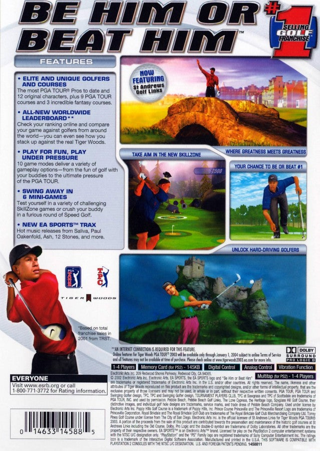 Tiger Woods PGA Tour 2003 – PlayStation 2 (PS2) video game back of case, golf sports simulation.
