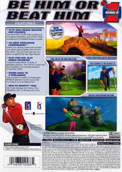 Tiger Woods PGA Tour 2003 – PlayStation 2 (PS2) video game back of case, golf sports simulation.