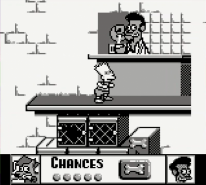 The Simpsons Bart vs the Juggernauts Game Boy handheld action puzzle game featuring Bart Simpson trivia challenges against celebrity opponents gameplay