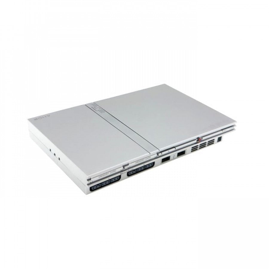 Silver Sony PlayStation 2 Slim console retro gaming system top view