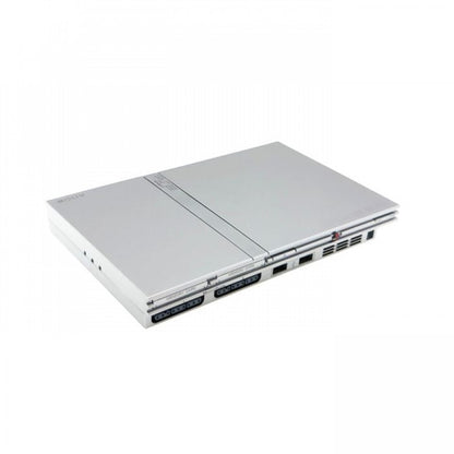 Silver Sony PlayStation 2 Slim console retro gaming system top view