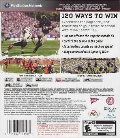 NCAA Football 11 for PlayStation 3 (PS3) at Gamers INC, featuring an authentic college football experience with a revamped ESPN-style presentation, dynamic lighting, and explosive new locomotion mechanics for smooth and realistic player movement on the field back cover