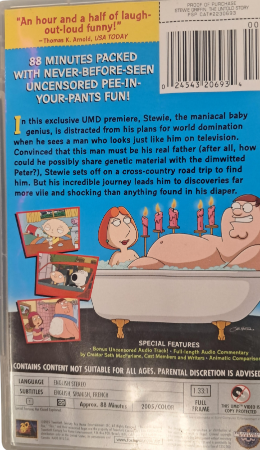 Family Guy Presents Stewie Griffin The Untold Story PSP Movie inspired design featuring animated comedy adventure aesthetic irreverent humor iconic Family Guy characters Stewie Griffin sci fi antics cartoon entertainment portable video format nostalgic handheld media presentation back cover