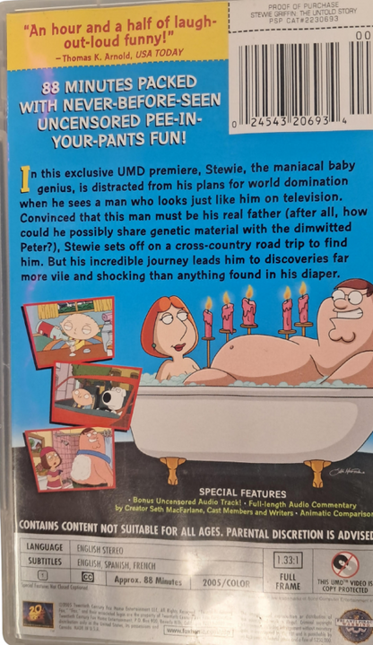Family Guy Presents Stewie Griffin The Untold Story PSP Movie inspired design featuring animated comedy adventure aesthetic irreverent humor iconic Family Guy characters Stewie Griffin sci fi antics cartoon entertainment portable video format nostalgic handheld media presentation back cover