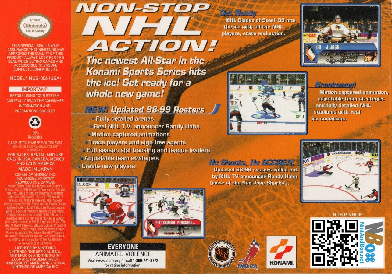 NHL Blades of Steel 99 game for the Nintendo 64 featuring arcade style hockey gameplay with fast paced matches exaggerated hits season modes and multiplayer competition based on the Blades of Steel series back cover art