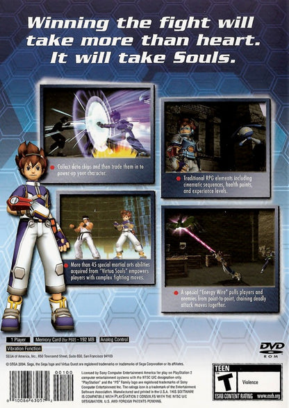 Virtua Quest PlayStation 2 PS2 for action adventure video game fans featuring hack and slash combat futuristic virtual world exploration action role playing gameplay character upgrades challenging enemies Sega arcade inspired adventure immersive storytelling collectible gaming appeal gameplay back cover art