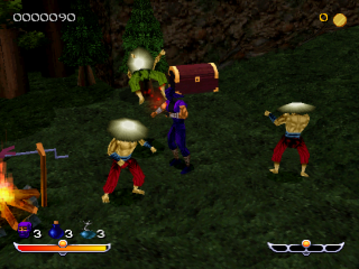 Ninja Shadow of Darkness game for the PlayStation featuring action hack and slash gameplay with platforming elements as a ninja warrior battles enemies using swords shuriken and special abilities across dark themed levels gameplay 