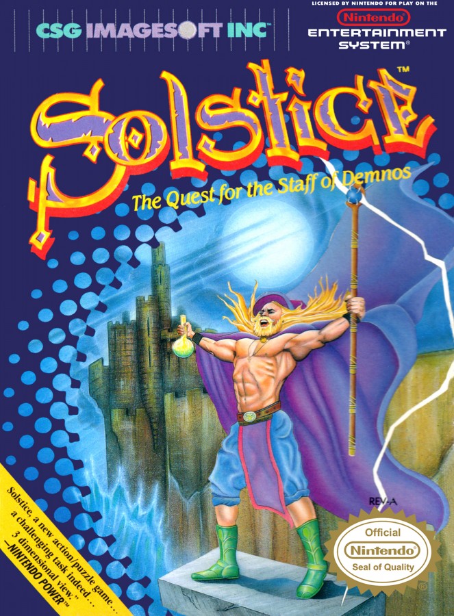 Solstice Nintendo Entertainment System NES video game featuring action adventure puzzle gameplay magical fantasy environments exploration challenging rooms item collection strategic problem solving and classic 8 bit gameplay retro video game collection collectible gaming appeal front cover art