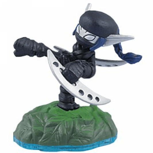 Dark Stealth Elf Skylanders Swap Force figure, variant stealth elf ninja with dark armor and purple accents, dual blades in combat stance, shadow-themed character, detailed collectible toy on portal base from Skylanders Swap Force series