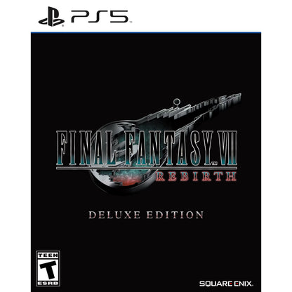 Final Fantasy VII Rebirth Deluxe Edition for PlayStation 5 action RPG featuring Cloud and party exploring the world of Gaia real time combat expanded story and bonus collectible content cover