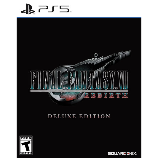 Final Fantasy VII Rebirth Deluxe Edition for PlayStation 5 action RPG featuring Cloud and party exploring the world of Gaia real time combat expanded story and bonus collectible content cover