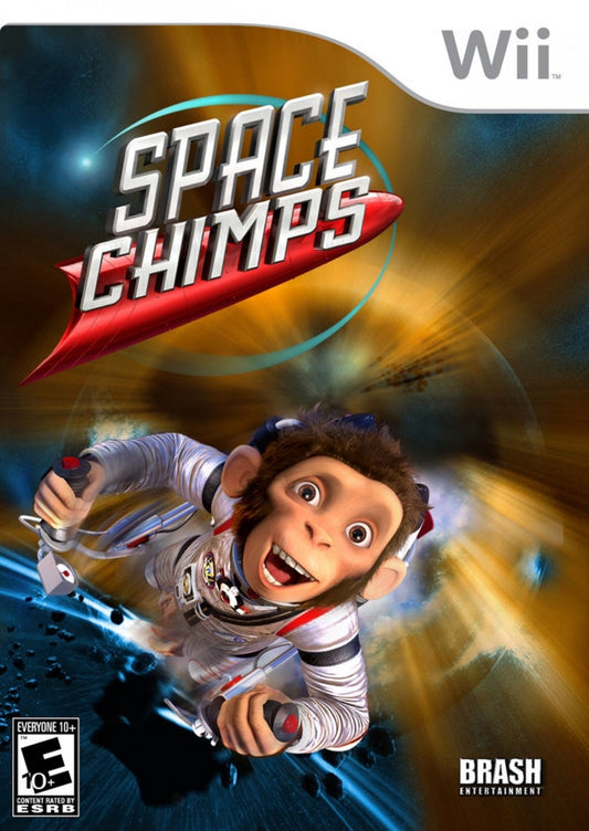 Space Chimps for Wii family friendly action adventure video game featuring intergalactic missions quirky characters motion controlled gameplay and humorous animated movie inspired experience front cover