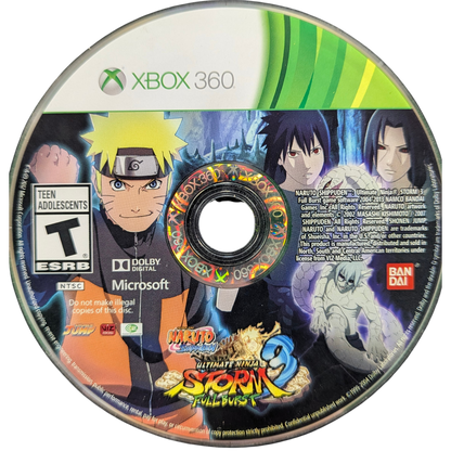 Naruto Shippuden Ultimate Ninja Storm 3 Full Burst Xbox 360 X360 anime fighting game featuring Naruto Uzumaki ninja battles chakra attacks special jutsu cinematic boss fights versus mode expanded Full Burst content and collectible Naruto gaming appeal disc