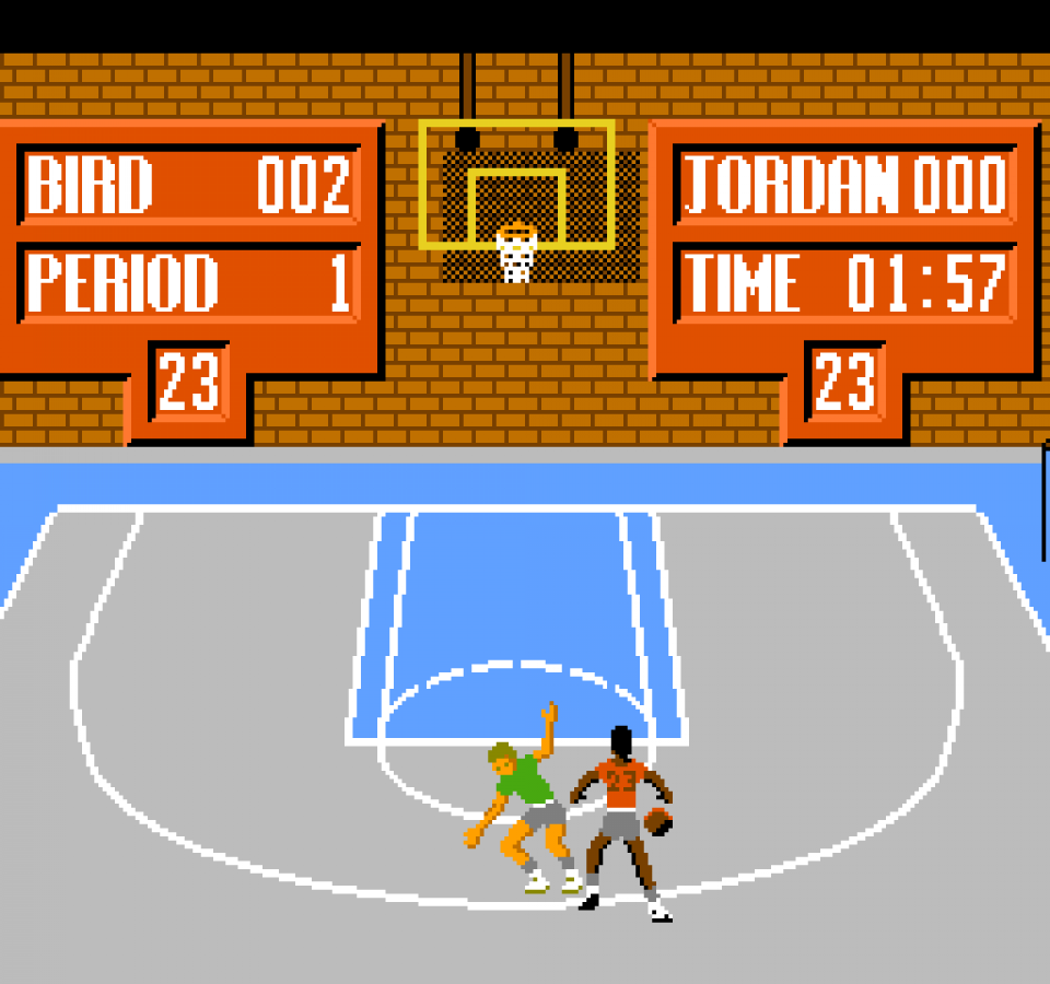 Jordan vs Bird One on One Nintendo Entertainment System NES video game featuring basketball gameplay Michael Jordan Larry Bird one on one matches shooting challenges dunking competitions free throw contests and classic 8 bit Nintendo sports gameplay retro video game collection collectible gaming appeal gameplay