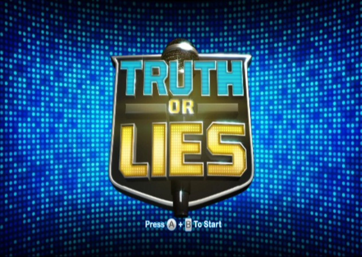 Truth or Lies title screen art for Nintendo Wii (Wii) featuring party quiz gameplay with a microphone, asking revealing questions and testing honesty in group challenges.