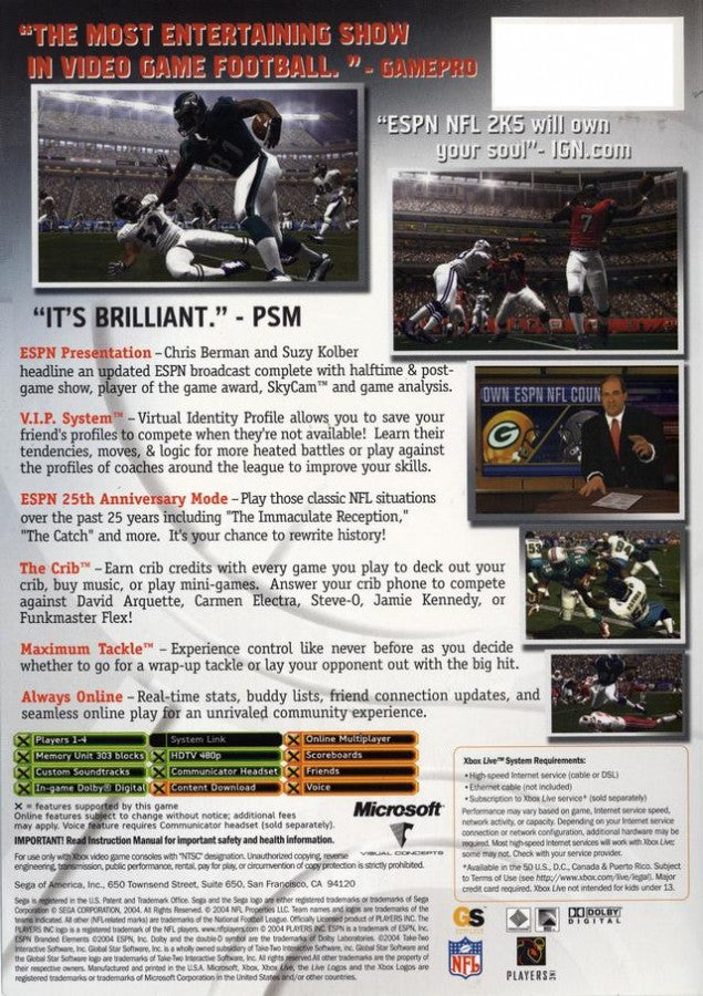 ESPN NFL 2K5 – Xbox (XBOX) Back Cover Art Video Game