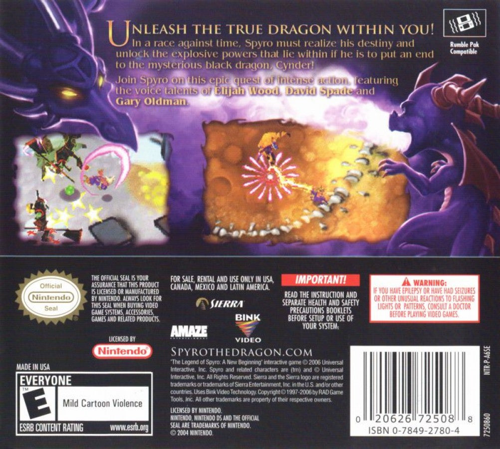 The Legend of Spyro A New Beginning for Nintendo DS (DS), back of case for a retro video game featuring action-adventure gameplay, elemental combat, fantasy exploration, character progression, and dragon-based battles
